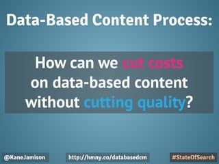 Data-Based Content Process:
@KaneJamison
How can we cut costs
on data-based content
without cutting quality?
#StateOfSearc...