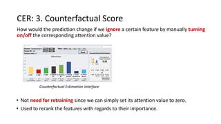 CER: 3. Counterfactual Score
How would the prediction change if we ignore a certain feature by manually turning
on/off the corresponding attention value?
• Not need for retraining since we can simply set its attention value to zero.
• Used to rerank the features with regards to their importance.
Counterfactual Estimation Interface
 