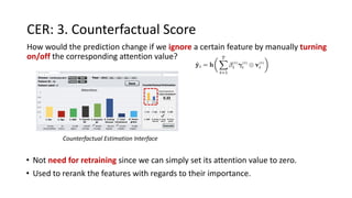 CER: 3. Counterfactual Score
How would the prediction change if we ignore a certain feature by manually turning
on/off the corresponding attention value?
• Not need for retraining since we can simply set its attention value to zero.
• Used to rerank the features with regards to their importance.
Counterfactual Estimation Interface
 