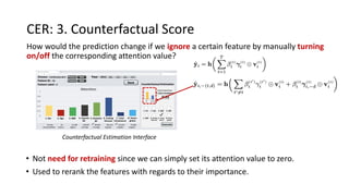 CER: 3. Counterfactual Score
How would the prediction change if we ignore a certain feature by manually turning
on/off the corresponding attention value?
• Not need for retraining since we can simply set its attention value to zero.
• Used to rerank the features with regards to their importance.
Counterfactual Estimation Interface
 