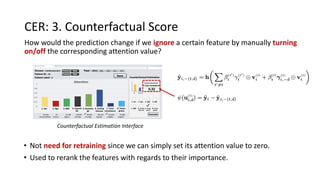 CER: 3. Counterfactual Score
How would the prediction change if we ignore a certain feature by manually turning
on/off the corresponding attention value?
• Not need for retraining since we can simply set its attention value to zero.
• Used to rerank the features with regards to their importance.
Counterfactual Estimation Interface
 