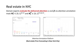 Real estate in NYC
Domain experts evaluate the delivered attention 𝛼 𝑎𝑛𝑑 𝜷 via attention annotation
mask 𝑴 𝒕
𝜶
∈ 0, 1 $×& and 𝑴 𝒕
𝜷
∈ 0, 1 $×(×& .
Attention Annotation Platform
(Real estate Price Forecasting in New York City)
 
