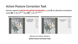 Action Posture Correction Task
Domain experts evaluate the delivered attention 𝛼 𝑎𝑛𝑑 𝜷 via attention annotation
mask 𝑴 𝒕
𝜶
∈ 0, 1 $×& and 𝑴 𝒕
𝜷
∈ 0, 1 $×(×& .
Attention Annotation Platform
(Action Posture Correction Task)
 
