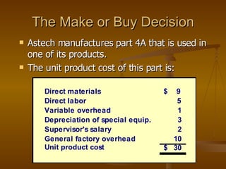 The Make or Buy Decision Astech manufactures part 4A that is used in one of its products. The unit product cost of this part is: 