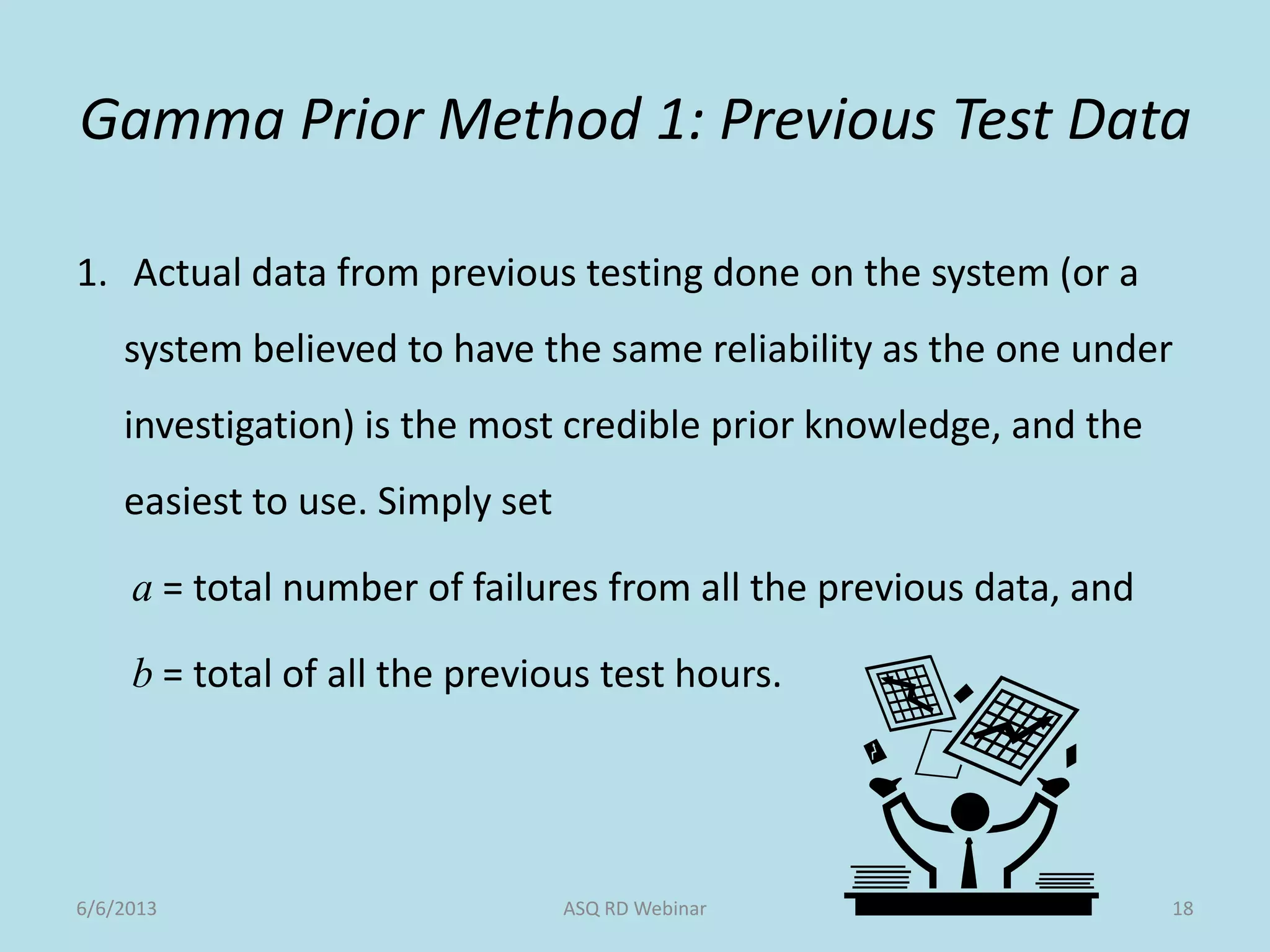 Gamma Prior Method 1: Previous Test Data
1. Actual data from previous testing done on the system (or a
system believed to have the same reliability as the one under
investigation) is the most credible prior knowledge, and the
easiest to use. Simply set
a = total number of failures from all the previous data, and
b = total of all the previous test hours.
6/6/2013 ASQ RD Webinar 18
 