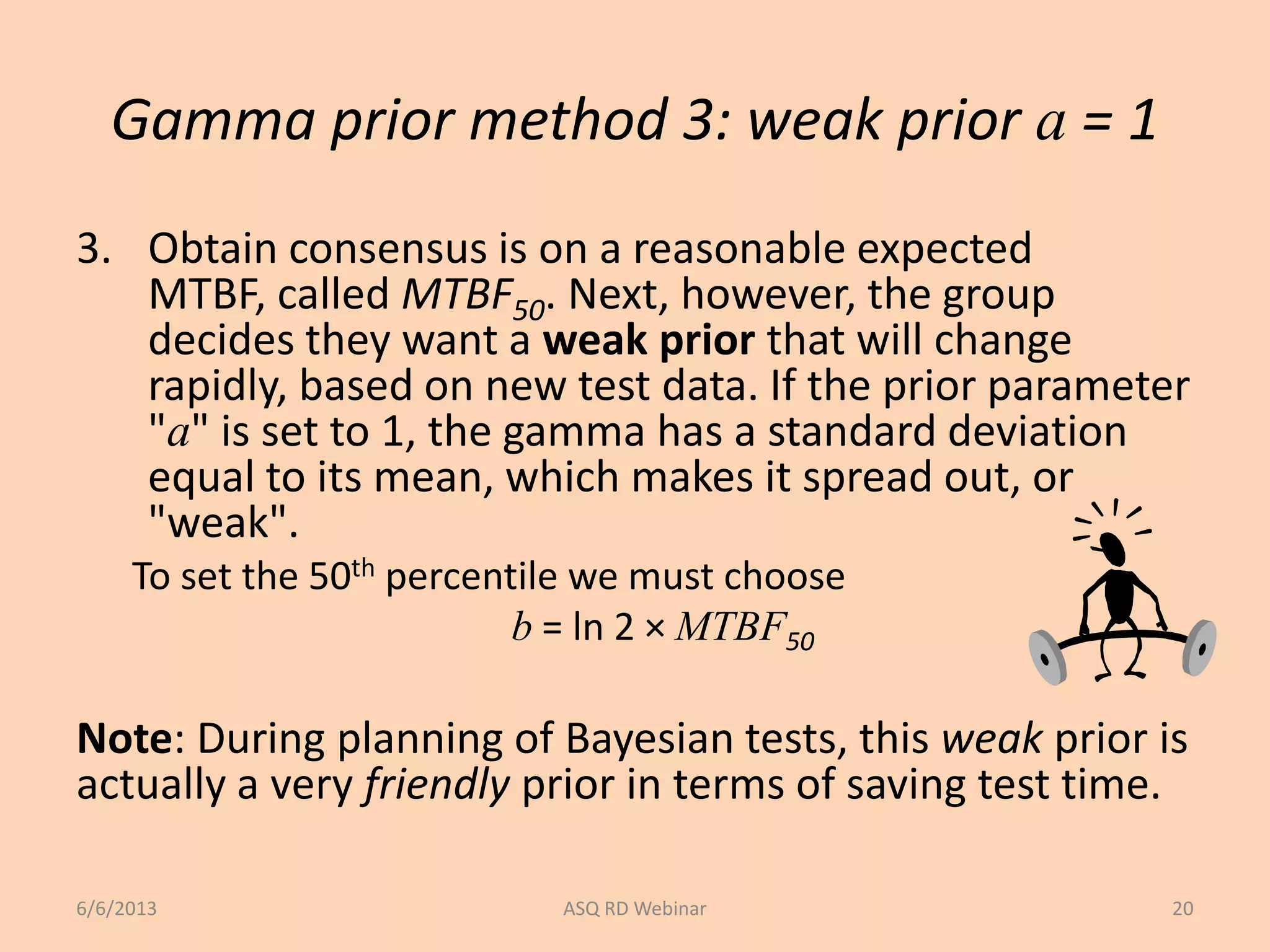 Gamma prior method 3: weak prior a = 1
3. Obtain consensus is on a reasonable expected
MTBF, called MTBF50. Next, however, the group
decides they want a weak prior that will change
rapidly, based on new test data. If the prior parameter
"a" is set to 1, the gamma has a standard deviation
equal to its mean, which makes it spread out, or
"weak".
To set the 50th percentile we must choose
b = ln 2 × MTBF50
Note: During planning of Bayesian tests, this weak prior is
actually a very friendly prior in terms of saving test time.
6/6/2013 ASQ RD Webinar 20
 