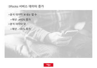 55
5Rocks 서비스 데이타 증가
• 분석 데이타 보내는 앱 수
• 매년 ~400% 증가
• 분석 데이타 양
• 매년 ~100% 증가
 