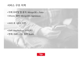 66
서비스 구조 이력
• 자체 모바일 앱 분석: MongoDB + Ruby
• 5Rocks 베타: MongoDB mapreduce
• AWS 로 100% 이전
• EMR MapReduce on HDFS
• 현재: EMR + S3, 일부 Spark
 