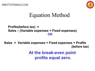 Equation Method
Profits(before tax) =
Sales – (Variable expenses + Fixed expenses)
Sales = Variable expenses + Fixed expenses + Profits
(before tax)
OR
At the break-even point
profits equal zero.
 