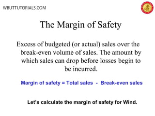 The Margin of Safety
Excess of budgeted (or actual) sales over the
break-even volume of sales. The amount by
which sales can drop before losses begin to
be incurred.
Margin of safety = Total sales - Break-even sales
Let’s calculate the margin of safety for Wind.
 