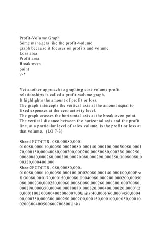 Profit-Volume Graph
Some managers like the profit-volume
graph because it focuses on profits and volume.
Loss area
Profit area
Break-even
point
7-*
Yet another approach to graphing cost-volume-profit
relationships is called a profit-volume graph.
It highlights the amount of profit or loss.
The graph intercepts the vertical axis at the amount equal to
fixed expenses at the zero activity level.
The graph crosses the horizontal axis at the break-even point.
The vertical distance between the horizontal axis and the profit
line, at a particular level of sales volume, is the profit or loss at
that volume. (LO 7-3)
Sheet1FCTCTR- 080,00080,000-
010080,000110,00050,00020080,000140,000100,00030080,0001
70,000150,00040080,000200,000200,00050080,000230,000250,
00060080,000260,000300,00070080,000290,000350,00080080,0
00320,000400,000
Sheet2FCTCTR- 080,00080,000-
010080,000110,00050,000100,00020080,000140,000100,000Pro
fit30080,000170,000150,00080,00040080,000200,000200,00050
080,000230,000250,00060,00060080,000260,000300,00070080,
000290,000350,00040,00080080,000320,000400,00020,0000`(2
0,000)100200300400500600700Units(40,000)(60,000)450,0004
00,000350,000300,000250,000200,000150,000100,00050,00010
0200300400500600700800Units
 