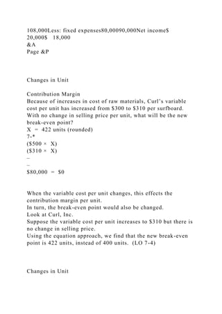 108,000Less: fixed expenses80,00090,000Net income$
20,000$ 18,000
&A
Page &P
Changes in Unit
Contribution Margin
Because of increases in cost of raw materials, Curl’s variable
cost per unit has increased from $300 to $310 per surfboard.
With no change in selling price per unit, what will be the new
break-even point?
X = 422 units (rounded)
7-*
($500 × X)
($310 × X)
–
–
$80,000 = $0
When the variable cost per unit changes, this effects the
contribution margin per unit.
In turn, the break-even point would also be changed.
Look at Curl, Inc.
Suppose the variable cost per unit increases to $310 but there is
no change in selling price.
Using the equation approach, we find that the new break-even
point is 422 units, instead of 400 units. (LO 7-4)
Changes in Unit
 