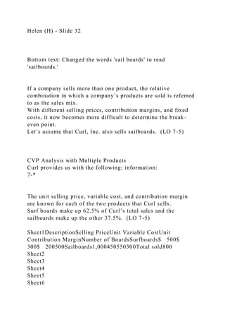 Helen (H) - Slide 32
Bottom text: Changed the words 'sail boards' to read
'sailboards.'
If a company sells more than one product, the relative
combination in which a company’s products are sold is referred
to as the sales mix.
With different selling prices, contribution margins, and fixed
costs, it now becomes more difficult to determine the break-
even point.
Let’s assume that Curl, Inc. also sells sailboards. (LO 7-5)
CVP Analysis with Multiple Products
Curl provides us with the following: information:
7-*
The unit selling price, variable cost, and contribution margin
are known for each of the two products that Curl sells.
Surf boards make up 62.5% of Curl’s total sales and the
sailboards make up the other 37.5%. (LO 7-5)
Sheet1DescriptionSelling PriceUnit Variable CostUnit
Contribution MarginNumber of BoardsSurfboards$ 500$
300$ 200500Sailboards1,000450550300Total sold800
Sheet2
Sheet3
Sheet4
Sheet5
Sheet6
 