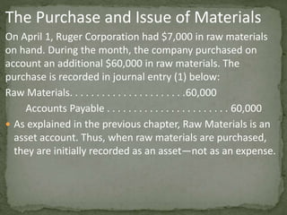 The Purchase and Issue of Materials
On April 1, Ruger Corporation had $7,000 in raw materials
on hand. During the month, the company purchased on
account an additional $60,000 in raw materials. The
purchase is recorded in journal entry (1) below:
Raw Materials. . . . . . . . . . . . . . . . . . . . . .60,000
Accounts Payable . . . . . . . . . . . . . . . . . . . . . . . 60,000
 As explained in the previous chapter, Raw Materials is an
asset account. Thus, when raw materials are purchased,
they are initially recorded as an asset—not as an expense.
 