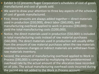  Exhibit 3–11 presents Ruger Corporation’s schedules of cost of goods
manufactured and cost of goods sold.
 We want to draw your attention to three key aspects of the schedule
of cost of goods manufactured.
 First, three amounts are always added together— direct materials
used in production ($50,000), direct labor ($60,000), and
manufacturing overhead applied to work in process ($90,000)—to
yield the total manufacturing costs ($200,000).
 Notice, the direct materials used in production ($50,000) is included
in total manufacturing costs instead of raw material purchases
($60,000). The direct materials used in production will usually differ
from the amount of raw material purchases when the raw materials
inventory balance changes or indirect materials are withdrawn from
raw materials inventory.
 Second, the amount of manufacturing overhead applied to Work in
Process ($90,000) is computed by multiplying the predetermined
overhead rate by the actual amount of the allocation base recorded
on all jobs. The actual manufacturing overhead costs incurred during
the period are not added to the Work in Process account.
 