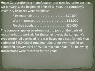 Hogle Corporation is a manufacturer that uses job-order costing.
On January 1, the beginning of its fiscal year, the company’s
inventory balances were as follows:
Raw materials . . . . . . . . . . . . . . . . . . . . $20,000
Work in process . . . . . . . . . . . . . . . . . . . $15,000
Finished goods. . . . . . . . . . . . . . . . . . . . $30,000
The company applies overhead cost to jobs on the basis of
machine-hours worked. For the current year, the company’s
predetermined overhead rate was based on a cost formula that
estimated $450,000 of total manufacturing overhead for an
estimated activity level of 75,000 machinehours. The following
transactions were recorded for the year:
 