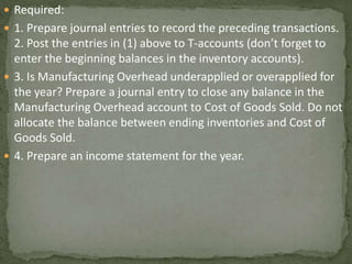  Required:
 1. Prepare journal entries to record the preceding transactions.
2. Post the entries in (1) above to T-accounts (don’t forget to
enter the beginning balances in the inventory accounts).
 3. Is Manufacturing Overhead underapplied or overapplied for
the year? Prepare a journal entry to close any balance in the
Manufacturing Overhead account to Cost of Goods Sold. Do not
allocate the balance between ending inventories and Cost of
Goods Sold.
 4. Prepare an income statement for the year.
 