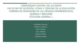 UNIVERSIDAD CENTRAL DEL ECUADOR
FACULTAD DE FILOSOFÍA, LETRAS Y CIENCIAS DE LA EDUCACIÓN
CARRERA DE PEDAGOGÍA DE LAS CIENCIAS EXPERIMENTALES,
QUÍMICA Y BIOLOGÍA
ECOLOGÍA GENERAL 1
• ALEJANDRA CEVALLOS
• MARCELO CEVALLOS
• ANDY CHANGO
• SAÚL CISNEROS
• ARNOLD FUERTES
• JEFFERSON GÓMEZ
 