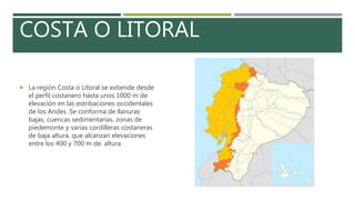 COSTA O LITORAL
 La región Costa o Litoral se extiende desde
el perfil costanero hasta unos 1000 m de
elevación en las es...