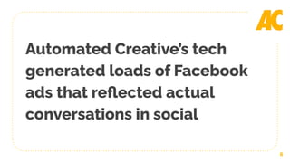 6
Automated Creative’s tech
generated loads of Facebook
ads that reﬂected actual
conversations in social
 