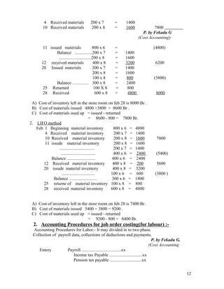 4 Received materials             200 x 7         =   1400
       10 Received materials              200 x 8        =   1600              7800
                                                                        P. by Fekadu G
                                                                      (Cost Accounting)

        11 issued materials                  800 x 6     =                   (4800)
               Balance ................200 x 7           =   1400
                .............................200 x 8     =   1600
       12 received materials                  400 x 8    =   3200             6200
       20 Issued materials                   200 x 7     =   1400
                                              200 x 8    =   1600
                                              100 x 8    =    800             (3800)
               Balance ............... 300 x 8           =    2400
        25 Returned                           100 X 8    =    800
        28 Received                            600 x 8   =     4800            8000

 A) Cost of inventory left in the store room on feb 28 is 8000 Br .
 B) Cost of materials issued 4800 +3800 = 8600 Br .
 C) Cost of materials used up = issued - returned
                                          = 8600 - 800 = 7800 Br.
2. LIFO method
   Feb. 1 Beginning material inventory                800 x 6 = 4800
        4 Received material inventory                 200 x 7 = 1400
        10 Received material inventory                200 x 8 = 1600           7800
        11 issude material inventory                  200 x 8 = 1600
                ................................      200 x 7 = 1400
                 ................................     400 x 6 = 2400           (5400)
           Balance ..........................        400 x 6 = 2400
       12 Received material inventory                400 x 8 = 200             5600
       20 issude material inventory                  400 x 8 = 3200
                  ..............................    100 x 6 = 600             (3800 )
             Balance .........................       300 x 6 = 1800
       25 returne of material inventory 100 x 8 = 800
       28 received material inventory               600 x 8 = 4800


 A) Cost of inventory left in the store room on feb 28 is 7400 Br .
 B) Cost of materials issued 5400 + 3800 = 9200 .
 C) Cost of materials used up = issued - returned
                                 = 9200 - 800 = 8400 Br.
  2. Accounting Procedures for job order costing(for labour) :-
 Accounting Procedures for Labor:- It may divided in to two phase.
 Collection of payroll data, collections of deductions and payments.
                                                                             P. by Fekadu G.
                                                                            (Cost Accounting
    Entery          Payroll ....................................xx
                        Income tax Payable ..............................xx
                        Pension tax payable .............................xx


                                                                                               12
 