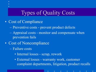 Types of Quality Costs
• Cost of Compliance
– Preventive costs - prevent product defects
– Appraisal costs - monitor and compensate when
prevention fails
• Cost of Noncompliance
– Failure costs
• Internal losses - scrap, rework
• External losses - warranty work, customer
complaint departments, litigation, product recalls
 
