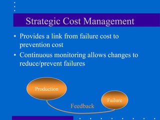 Strategic Cost Management
• Provides a link from failure cost to
prevention cost
• Continuous monitoring allows changes to
reduce/prevent failures
Production
Failure
Feedback
 