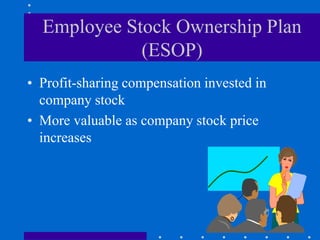 Employee Stock Ownership Plan
(ESOP)
• Profit-sharing compensation invested in
company stock
• More valuable as company stock price
increases
 