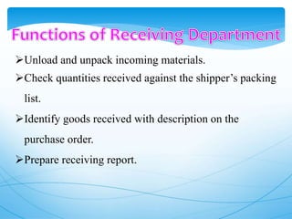 Unload and unpack incoming materials.
Check quantities received against the shipper’s packing
list.
Identify goods received with description on the
purchase order.
Prepare receiving report.
 