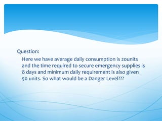 Question:
Here we have average daily consumption is 20units
and the time required to secure emergency supplies is
8 days and minimum daily requirement is also given
50 units. So what would be a Danger Level???
 