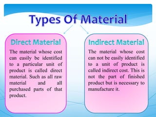 The material whose cost
can easily be identified
to a particular unit of
product is called direct
material. Such as all raw
material and all
purchased parts of that
product.
The material whose cost
can not be easily identified
to a unit of product is
called indirect cost. This is
not the part of finished
product but is necessary to
manufacture it.
 