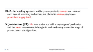IX. Order cycling system: in this system, periodic reviews are made of
each item of inventory and orders are placed to restore stock to a
prescribed supply level.
X. Just-in-time (JIT): No inventories are held at any stage of production
and the exact requirement is bought in each and every successive stage of
production at the right time.
24 Mr. John Pradeep K, KJSOM
 
