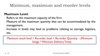 Minimum, maximum and reorder levels
Maximum Level:
– Refers to the maximum capacity of the firm.
– Measure of the maximum quantity that can be accommodated by the
management.
– Increase in levels may lead to problems relating to storage, logistics,
etc.
Maximum stock level = Re-order level + Re-order Quantity – (Minimum
Usage * Minimum Delivery Time)
Mr. John Pradeep K, KJSOM
26
 