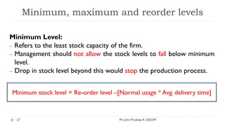 Minimum, maximum and reorder levels
Minimum Level:
– Refers to the least stock capacity of the firm.
– Management should not allow the stock levels to fall below minimum
level.
– Drop in stock level beyond this would stop the production process.
Minimum stock level = Re-order level –[Normal usage * Avg. delivery time]
Mr. John Pradeep K, KJSOM
27
 