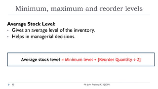 Minimum, maximum and reorder levels
Average Stock Level:
• Gives an average level of the inventory.
• Helps in managerial decisions.
Average stock level = Minimum level + [Reorder Quantity ÷ 2]
Mr. John Pradeep K, KJSOM
30
 