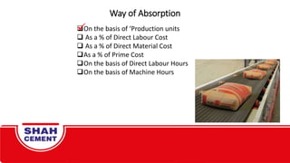 Way of Absorption
On the basis of ‘Production units
 As a % of Direct Labour Cost
 As a % of Direct Material Cost
As a % of Prime Cost
On the basis of Direct Labour Hours
On the basis of Machine Hours
 