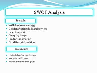 SWOT Analysis
Strengths
 Well developed strategy
 Good marketing skills and services
 Parent support
 Company image
 Products innovation
 Good financial position
Weeknesses
 Limited distribution channels
 No outlet in Pakistan
 More concerned about profit
 