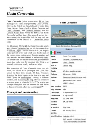 Costa Concordia
Costa Concordia in January 2008
History
Italy
Name Costa Concordia
Owner Carnival Corporation & plc
Operator Costa Crociere
Port of
registry
Genoa, Italy
Route Western Mediterranean
Ordered 19 January 2004
Builder Fincantieri Sestri Ponente, Italy
Cost €450 million (£372 million,
US$570 million)
Yard number 6122
Way number 543
Launched 2 September 2005
Christened 7 July 2006[1]
Acquired 29 June 2006
Maiden
voyage
14 July 2006
In service July 2006
Out of
service
13 January 2012
Identification Call sign: IBHD
IMO number: 9320544 (https://
www.marinetraffic.com/ais/det
Costa Concordia in Piraeus, Greece,
on 30 November 2006
Costa Concordia
Costa Concordia (Italian pronunciation: [ˈkɔsta kon
ˈkɔrdja]) was a cruise ship operated by Costa Crociere.
She was the first of her class, followed by sister ships
Costa Serena, Costa Pacifica, Costa Favolosa and
Costa Fascinosa, and Carnival Splendor built for
Carnival Cruise Line. When the 114,137-ton Costa
Concordia and her sister ships entered service, they
were among the largest ships built in Italy until the
construction of the 130,000 GT Dream-class cruise
ships.
On 13 January 2012 at 21:45, Costa Concordia struck
a rock in the Tyrrhenian Sea just off the eastern shore
of Isola del Giglio. This tore open a 50 m (160 ft) gash
on the port side of her hull, which soon flooded parts of
the engine room, cutting power from the engines and
ship services. As water flooded in and the ship listed,
she drifted back towards the island and grounded near
shore, then rolled onto her starboard side, lying in an
unsteady position on a rocky underwater ledge.
The evacuation of Costa Concordia took over six
hours, and of the 3,229 passengers and 1,023 crew
known to have been aboard, 32 died. Francesco
Schettino, the ship's captain at that time, was tried and
found guilty of manslaughter, causing a maritime
accident, and abandoning his ship. He was sentenced
to sixteen years in prison in 2015.[3] The wreck was
salvaged three years after the incident and then towed
to the port of Genoa, where she was scrapped.[4]
Concept and construction
 