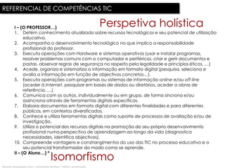 REFERENCIAL DE COMPETÊNCIAS TIC

          I – (O PROFESSOR…)                                                  Perspetiva holística
          1. Detém conhecimento atualizado sobre recursos tecnológicos e seu potencial de utilização
                educativo.
          2. Acompanha o desenvolvimento tecnológico no que implica a responsabilidade
                profissional do professor.
          3. Executa operações com Hardware e sistemas operativos (usar e instalar programas,
                resolver problemas comuns com o computador e periféricos, criar e gerir documentos e
                pastas, observar regras de segurança no respeito pela legalidade e princípios éticos, …)
          4. Acede, organiza e sistematiza a informação em formato digital (pesquisa, seleciona e
                avalia a informação em função de objectivos concretos…).
          5. Executa operações com programas ou sistemas de informação online e/ou off-line
                (aceder à Internet, pesquisar em bases de dados ou diretórios, aceder a obras de
                referência, …)
          6. Comunica com os outros, individualmente ou em grupo, de forma síncrona e/ou
                assíncrona através de ferramentas digitais específicas.
          7. Elabora documentos em formato digital com diferentes finalidades e para diferentes
                públicos, em contextos diversificados.
          8. Conhece e utiliza ferramentas digitais como suporte de processos de avaliação e/ou de
                investigação.
          9. Utiliza o potencial dos recursos digitais na promoção do seu próprio desenvolvimento
                profissional numa perspectiva de aprendizagem ao longo da vida (diagnostica
                necessidades, identifica objectivos).
          10. Compreende vantagens e constrangimentos do uso das TIC no processo educativo e o
                seu potencial transformador do modo como se aprende.

                                           Isomorfismo
          II – (O Aluno…) *


fernando albuquerque costa | universidade de lisboa | instituto de educação
 