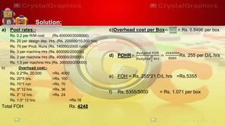 Solution:
a) Pool rates:-
Rs. 0.2 per R/M cost (Rs.400000/2000000)
Rs. 20 per design dep. Hrs. (Rs. 200000/10,000 hrs)
Rs. 70 per Prod. Runs (Rs. 140000/2000 runs)
Rs. 3 per machine Hrs (Rs. 600000/200000)
Rs. 2 per machine Hrs (Rs. 400000/200000)
Rs. 1.5 per machine Hrs (Rs. 300000/200000)
b) Overhead cost:-
Rs. 0.2*Rs. 20,000 =Rs. 4000
Rs. 20*5 hrs. =Rs. 100
Rs. 70*1 run =Rs. 70
Rs. 3* 12 hrs. =Rs. 36
Rs. 2* 12 hrs. =Rs. 24
Rs. 1.5* 12 hrs. =Rs.18
Total FOH Rs. 4248
c)Overhead cost per Box=
4248
5000
= Rs. 0.8496 per box
d) POHR=
𝐵𝑢𝑑𝑔𝑡𝑒𝑑 𝐹𝑂𝐻
𝐵𝑢𝑑𝑔𝑡𝑒𝑑
𝐷
𝐿
ℎ𝑟𝑠
=
2040000
8000
Rs. 255 per D/L hrs
e) FOH = Rs. 255*21 D/L hrs =Rs.5355
f) Rs. 5355/5000 = Rs. 1.071 per box
 
