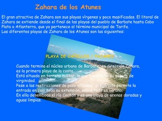 Zahara de los Atunes El gran atractivo de Zahara son sus playas vírgenes y poco masificadas. El litoral de Zahara se extiende desde el final de las playas del pueblo de Barbate hasta Cabo Plata o Atlanterra, que ya pertenece al término municipal de Tarifa.  Las diferentes playas de Zahara de los Atunes son las siguientes: PLAYA DE CAÑILLOS / PAJARES Cuando termina el núcleo urbano de Barbate, en dirección Zahara, es la primera playa de la costa. Está situada en terreno militar, lo que constituye su seguro de virginidad.  Pese a las restricciones de paso oficiales, el Ejército permite la entrada en casi toda su extensión, sobre todo en verano. En ella desemboca el río Cachón y es una playa de arenas doradas y aguas limpias. 