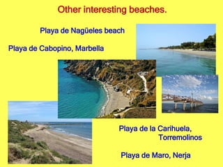 Other interesting beaches.
Playa de Nagüeles beach
Playa de Cabopino, Marbella
Playa de la Carihuela,
Torremolinos
Playa de Maro, Nerja
 