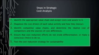Steps in Strategic
Cost Analysis
1. Identify the appropriate value chain and assign costs and assets to it.
2. Diagnose the cost drivers of each value activity and how they interact.
3. Identify competitor value chains, and determine the relative cost of
competitors and the sources of cost differences.
4. Ensure that cost reduction efforts do not erode differentiation, or make a
conscious choice to do so.
5. Test the cost reduction strategy for sustainability
 