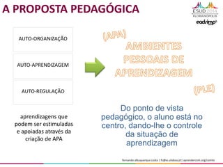 fernando albuquerque costa | fc@ie.ulisboa.pt| aprendercom.org/comtic
Do ponto de vista
pedagógico, o aluno está no
centro, dando-lhe o controle
da situação de
aprendizagem
aprendizagens que
podem ser estimuladas
e apoiadas através da
criação de APA
A PROPOSTA PEDAGÓGICA
AUTO-ORGANIZAÇÃO
AUTO-APRENDIZAGEM
AUTO-REGULAÇÃO
 
