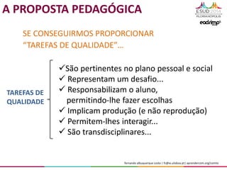 fernando albuquerque costa | fc@ie.ulisboa.pt| aprendercom.org/comtic
São pertinentes no plano pessoal e social
 Representam um desafio...
 Responsabilizam o aluno,
permitindo-lhe fazer escolhas
 Implicam produção (e não reprodução)
 Permitem-lhes interagir...
 São transdisciplinares...
SE CONSEGUIRMOS PROPORCIONAR
“TAREFAS DE QUALIDADE”…
TAREFAS DE
QUALIDADE
A PROPOSTA PEDAGÓGICA
 