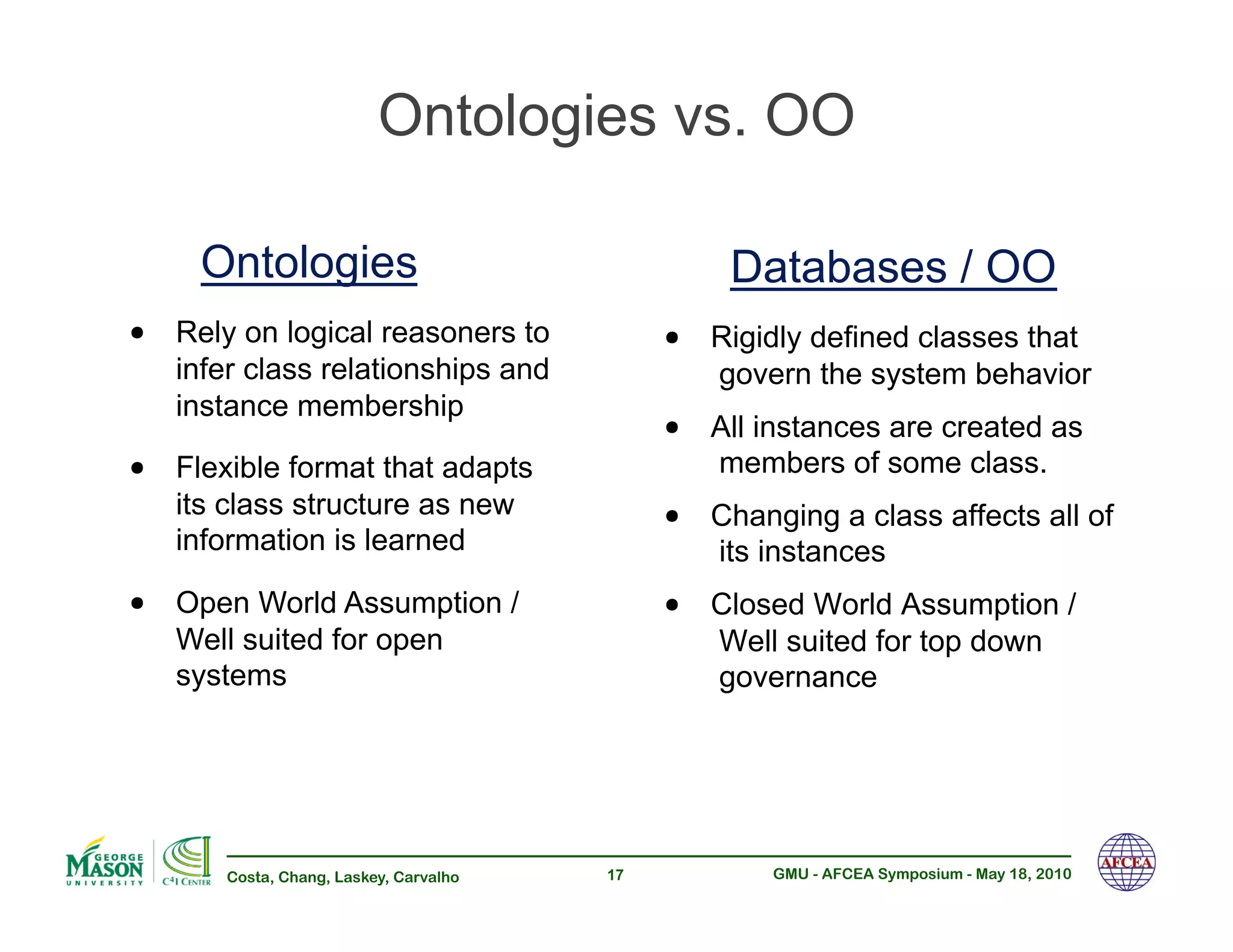 Ontologies vs. OO

      Ontologies                                    Databases / OO
•!   Rely on logical reasoners to             •!   Rigidly defined classes that
     infer class relationships and                 govern the system behavior
     instance membership
                                              •!   All instances are created as
•!   Flexible format that adapts                   members of some class.
     its class structure as new
     information is learned
                                              •!   Changing a class affects all of
                                                   its instances
•!   Open World Assumption /                  •!   Closed World Assumption /
     Well suited for open                          Well suited for top down
     systems                                       governance




        Costa, Chang, Laskey, Carvalho   17            GMU - AFCEA Symposium - May 18, 2010
 