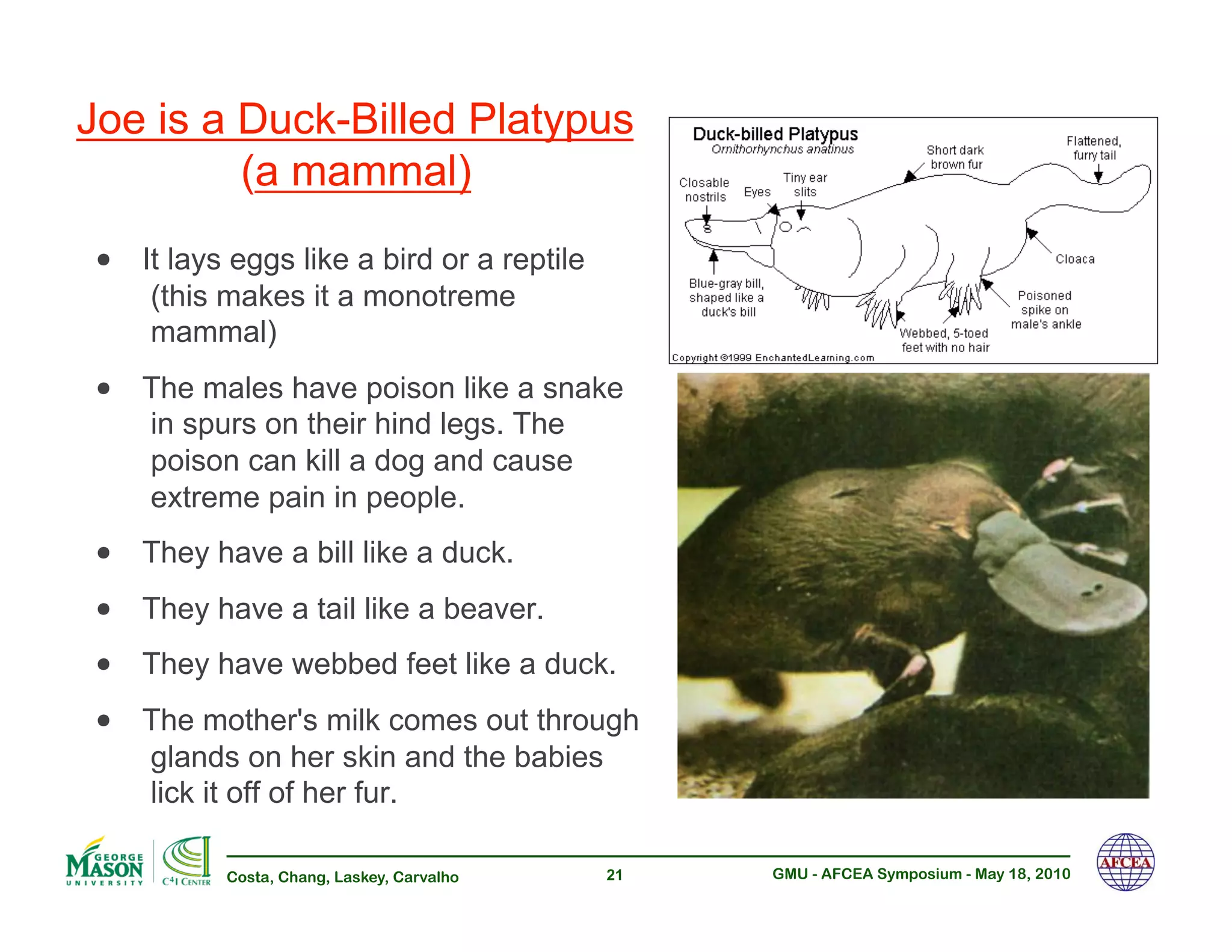 Joe is a Duck-Billed Platypus
         (a mammal)
•!   It lays eggs like a bird or a reptile
      (this makes it a monotreme
      mammal)
•!   The males have poison like a snake
     in spurs on their hind legs. The
     poison can kill a dog and cause
     extreme pain in people.
•!   They have a bill like a duck.
•!   They have a tail like a beaver.
•!   They have webbed feet like a duck.
•!   The mother's milk comes out through
     glands on her skin and the babies
     lick it off of her fur.

            Costa, Chang, Laskey, Carvalho   21   GMU - AFCEA Symposium - May 18, 2010
 