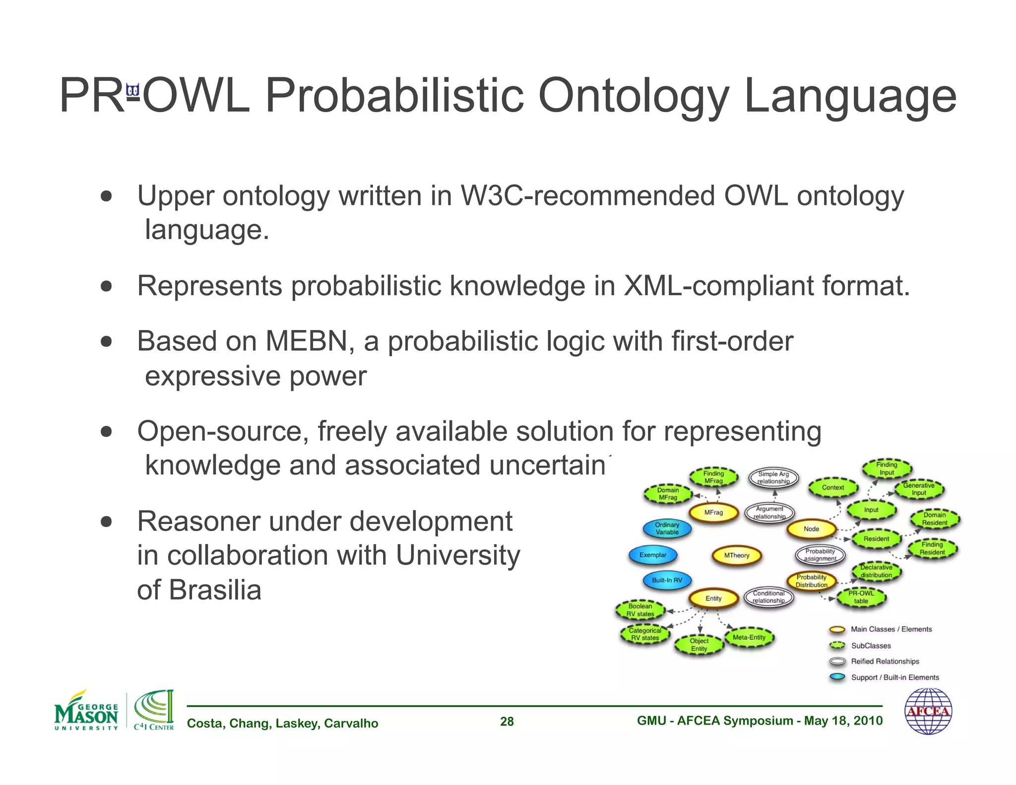 PR-OWL Probabilistic Ontology Language
 •! Upper ontology written in W3C-recommended OWL ontology
    language.
 •! Represents probabilistic knowledge in XML-compliant format.
 •! Based on MEBN, a probabilistic logic with first-order
    expressive power
 •! Open-source, freely available solution for representing
    knowledge and associated uncertainty.
 •! Reasoner under development
    in collaboration with University
    of Brasilia



        Costa, Chang, Laskey, Carvalho   28   GMU - AFCEA Symposium - May 18, 2010
 