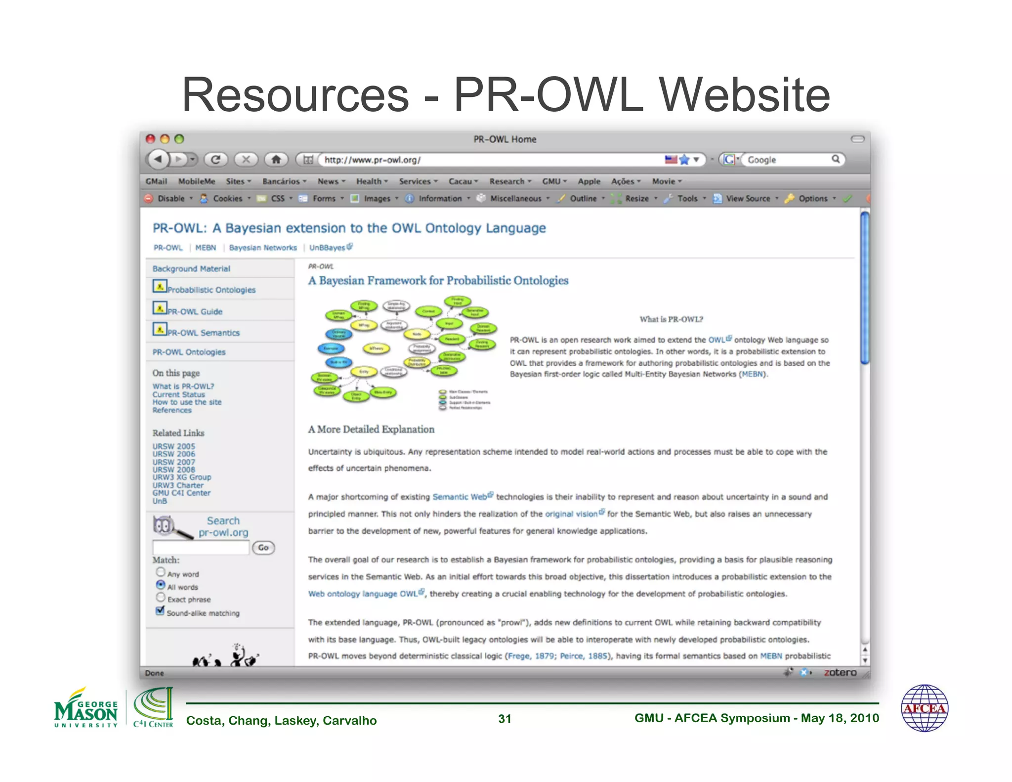 Resources - PR-OWL Website




Costa, Chang, Laskey, Carvalho   31   GMU - AFCEA Symposium - May 18, 2010
 