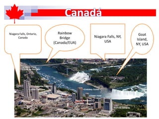 Niagara Falls, Ontario,
Canada Niagara Falls, NY,
USA
Goat
Island,
NY, USA
Rainbow
Bridge
(Canada/EUA)
 